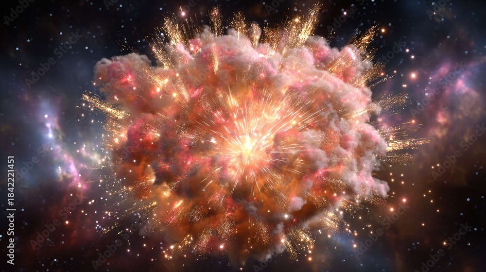 Fototapeta premium Colorful cosmic explosion in deep space showcasing vibrant gases and stellar particles creating mesmerizing patterns and celestial beauty