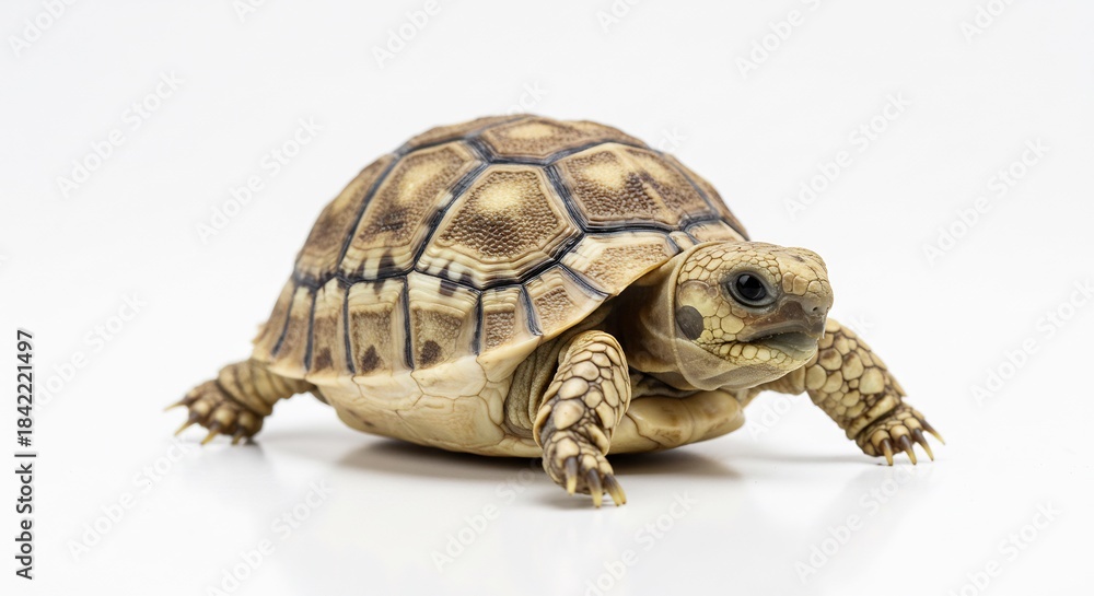 Fototapeta premium Tiny adorable tortoise hatchling slowly walking its patterned shell beautifully illuminated by soft studio light. AI Generated