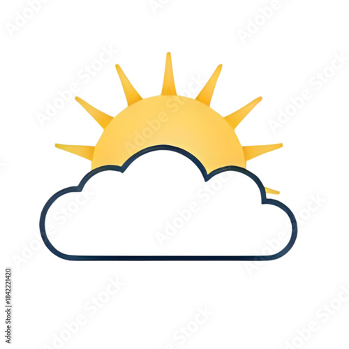 Bright yellow sun with rays peeking from a white cloud, illustrating partly cloudy weather. A clean, cheerful graphic for forecasts and digital designs