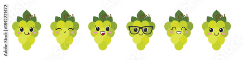 White grapes, cute cartoon character, big eyes, happy smiling face, emotions joy delight, kawaii style, ripe and juicy, symbol wine, emoji, icon vector illustration.