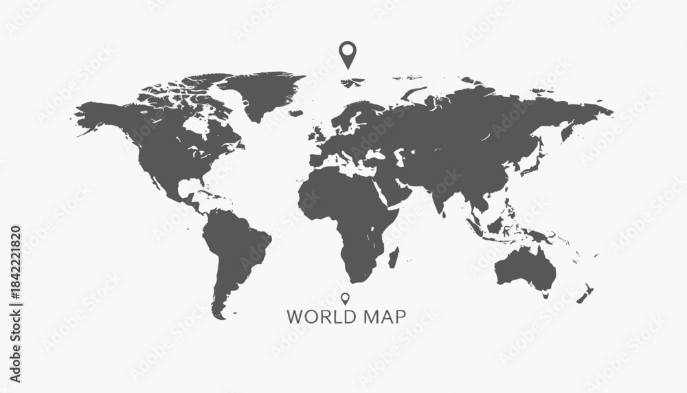 Obraz premium A grayscale vector illustration presents a stylized map of the world with pin markers and text