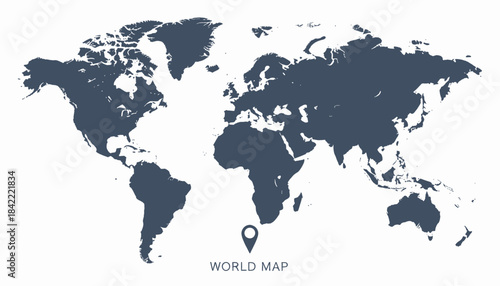 Flat, dark blue world map with highlighted continents on a white background, with text at the bottom