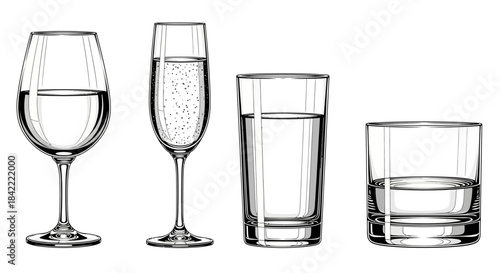 Simple Line Art Style Various Empty Glasses Line Drawing Illustration