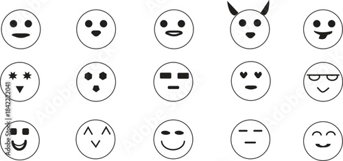 Hand-sketched emoji face collection featuring a variety of expressive moods, including happy, sad, and smiling characters. presented as a vector.