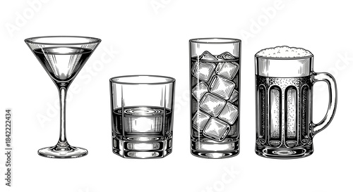 Hand-drawn illustration of various alcoholic beverages in different types of glasses including martini, rocks, highball, and beer mug.
