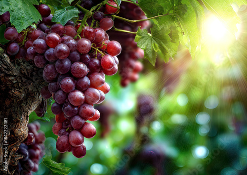 Clusters of ripe purple grapes hang vibrantly from a verdant vine, illuminated by the warm glow of sunlight filtering through lush green leaves, creating a tranquil vineyard scene.
