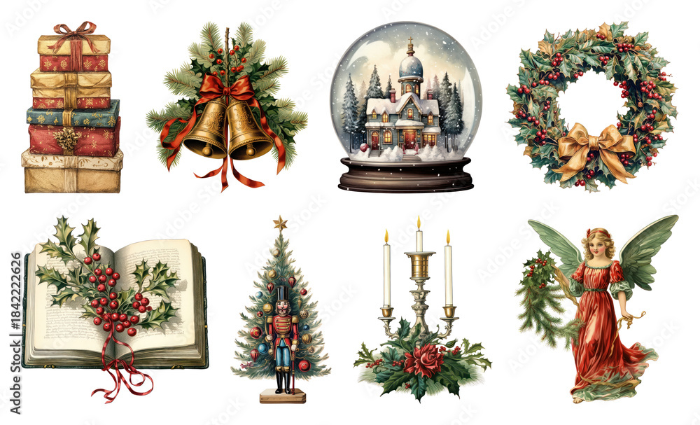 Obraz premium PNG Vintage Christmas holiday decorations collection, element set on transparent background