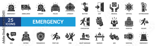 Emergency icon set. Containing ambulance, lifebuoy, first aid, police, medical, emergency exit, hospital and SOS icons. Glyph icon collection.