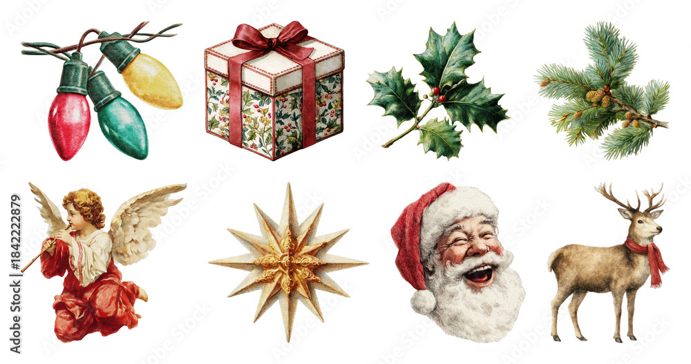 Obraz premium PNG Vintage festive Christmas decorations illustration, element set on transparent background