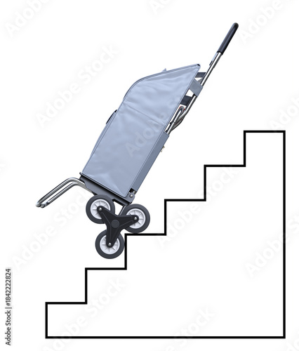 Foldable climbing shopping cart on staircase drawing - 3D illustration
