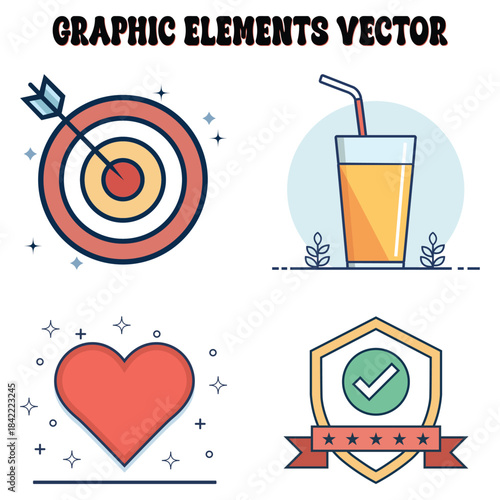 A collection of colorful flat design graphic elements featuring target, juice, heart, and shield icons