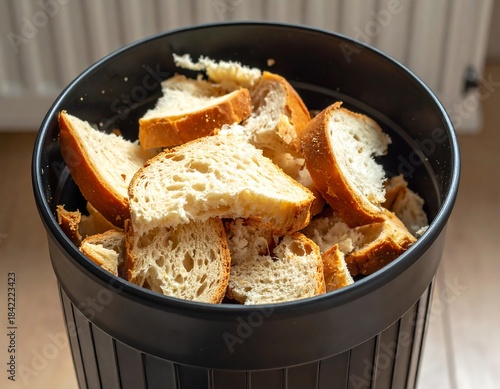 Close-up of stale bread pieces discarded in a black bin