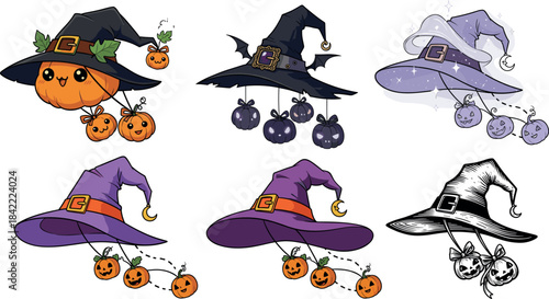 Cute Witch Hat and Magical Halloween Charm Vector Set