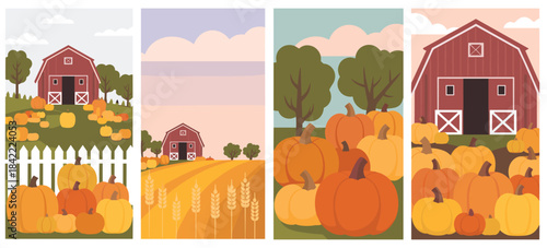 Autumn Harvest Scenes Featuring Red Barns and Pumpkins Keywords: autumn, fall, harvest, pumpkins, barn, farm, rural, countryside, landscape, season