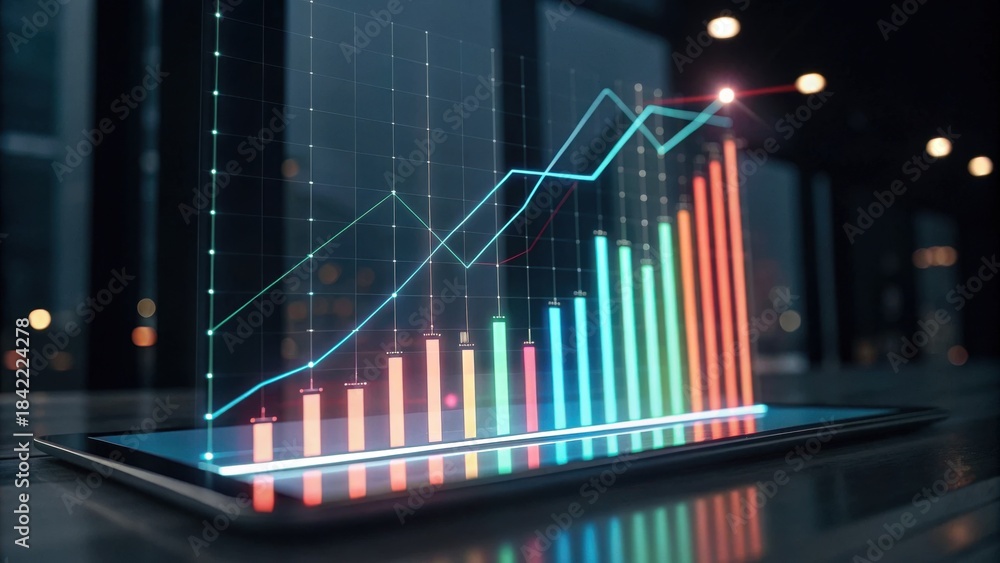 Naklejka premium A digital graph displaying colorful data trends on a tablet, representing growth and analysis in a modern workspace.