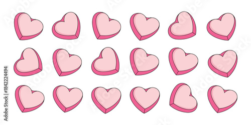 Collection of 18 pink heart shaped candy boxes with 3D effect on a white background Keywords: heart shape, candy box, pink, sweet, love, valentine