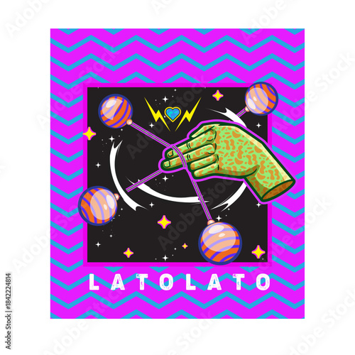Colorful Lato Lato Toy Illustration in Neon Pop Art Style. PRO VECTOR