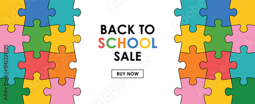 Colorful Puzzle Pieces Forming Back To School Sale Message With Buy Now Button Keywords: education, school, sale, back to school, learning, puzzle