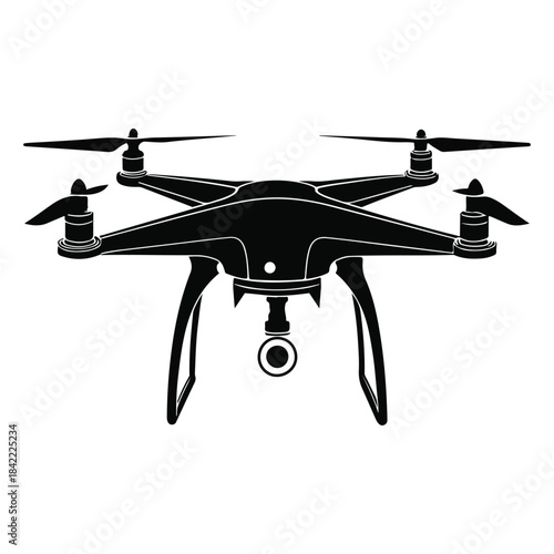 A black silhouette illustration of a modern quadcopter drone with an attached camera