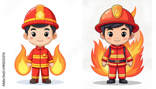 set cartoon illustration of child wearing a bright firefighter suit, smiling on white background. educational theme for kids.