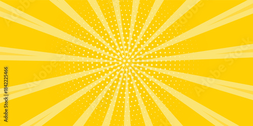 Yellow abstract background with light of sunburst. yellow starburst with halftone. sun ray retro background with flash