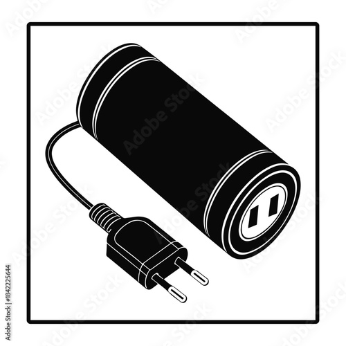 Black and white illustration of a cylindrical battery with an integrated power plug