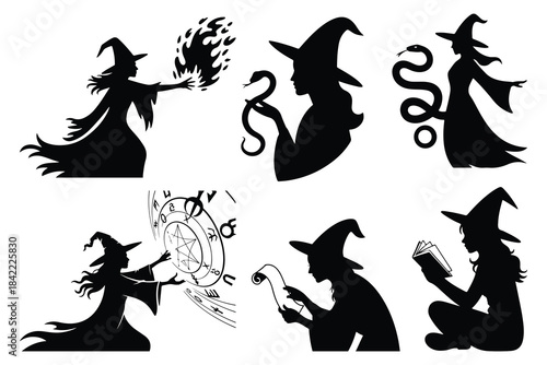 Six Black Witch Silhouettes Performing Magic spell
