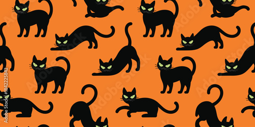 Seamless Pattern of Black Halloween Cats with Green Eyes on Orange Background black cat