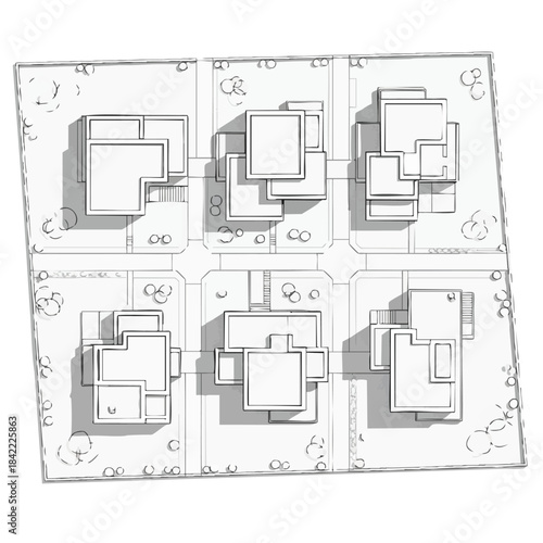 Top view architectural layout of six modern residential houses with surrounding trees and roads.