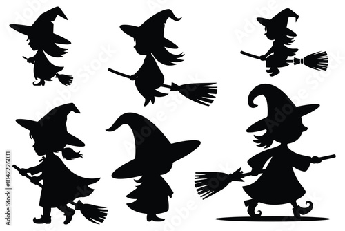 Black silhouette witches on broomsticks and standing