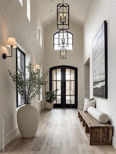 modern transitional entryway featuring high ceilings, elegant lighting, and natural elements. space includes stylish bench, decorative vase, and large windows, creating welcoming