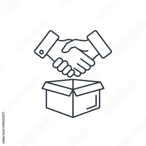 Iconic handshake over an open box symbolizing business agreement and delivery services