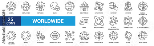 Worldwide icon set. Containing world, international, global, earth, network, sphere and globe. Outline vector icons collection.