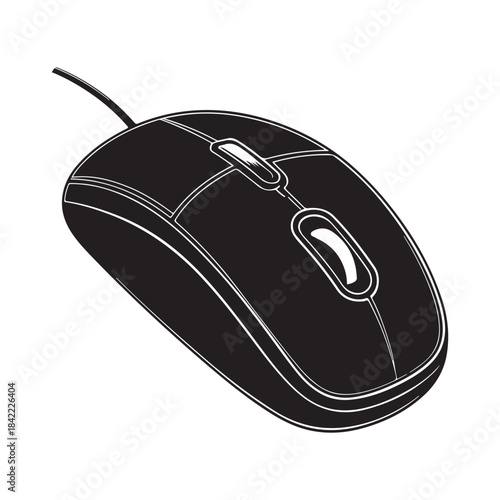 A simple black and white line illustration of a wired computer mouse peripheral
