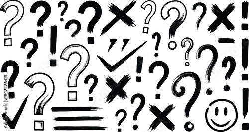 Black Hand Drawn Question Marks Exclamation Points Checkmarks and Smiley Face on White