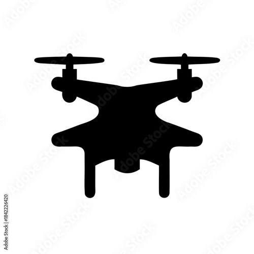 Black silhouette of a drone with four propellers on a white background