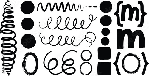 Black Hand Drawn Abstract Shapes Including Circles Squares Spirals and Brackets with Letters
