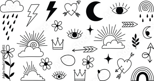 Boho Style Hand Drawn Elements Featuring Sun Moon Stars Clouds Eyes Flowers Rainbows and Arrows