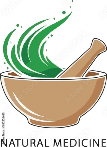 Mortar and pestle with swirling green liquid, representing natural medicine and herbal remedies