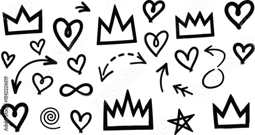 Hand Drawn Black Doodle Elements Including Crowns Hearts Arrows Stars and Infinity Symbol