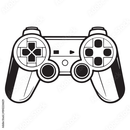 A simple black and white line art illustration of a video game controller icon