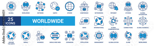 Worldwide icon set. Containing world, international, global, earth, network, sphere and globe. Blue vector icons collection.