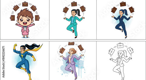 Businesswoman Juggling Briefcases and Superhero Concept Vector Illustration - Multitasking, Work-Life Balance, and Power