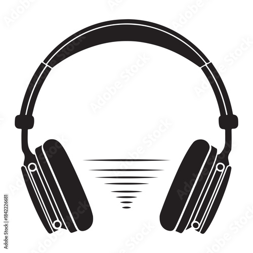 A simple black and white icon illustration of headphones with sound wave details
