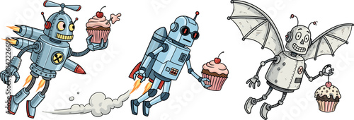 Flying Robot Carrying a Cupcake Vector Illustration - Technology, Delivery Service, Automation, and Food Concept