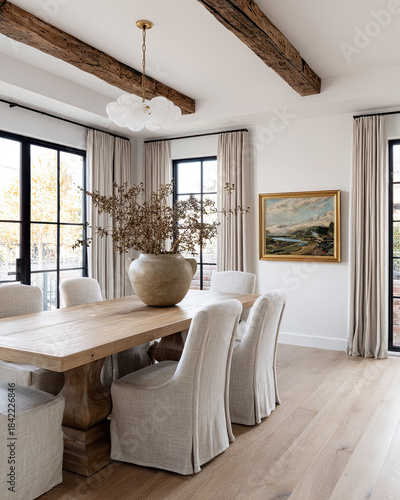 bright and airy modern transitional dining room features large oak wood table surrounded by upholstered chairs. Natural light floods space, enhancing warm