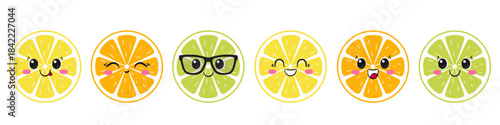 Set slice lemon orange lime, cute character cartoon, citrus fruit, big eyes, happy smiling face, emotions joy delight, kawaii style, vector illustration.