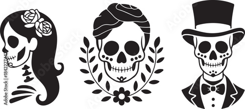 Mexican day of the dead sugar skulls with flower wreaths and traditional male female skeletons