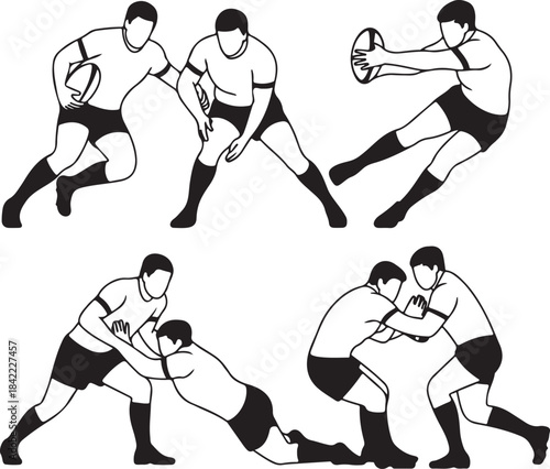 Rugby players tackling and running with ball in various action poses professional sport game