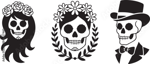 Mexican day of the dead sugar skulls with flower wreaths and traditional male female skeletons